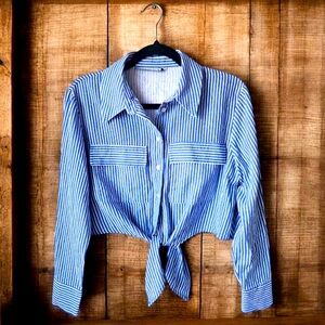 Zara Blue Striped Blouse front tie